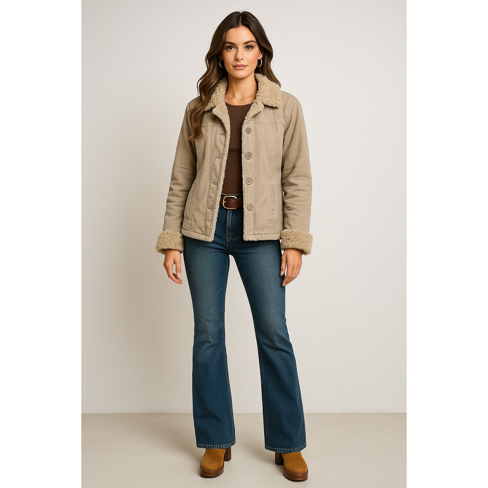 Y2K‎ Maurices Penny Lane Coat Womens L Tan Corduroy Faux Fur Quilted Jacket